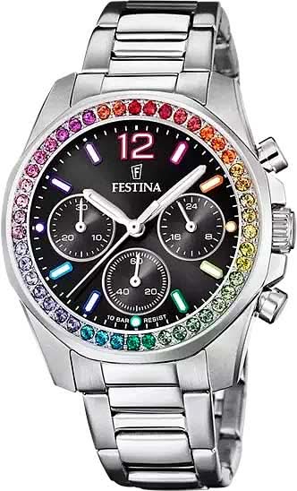 Reloj de mujer con esfera negra, bisel de arcoíris y correa de acero inoxidable