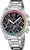 Reloj de mujer con esfera negra, bisel de arcoíris y correa de acero inoxidable