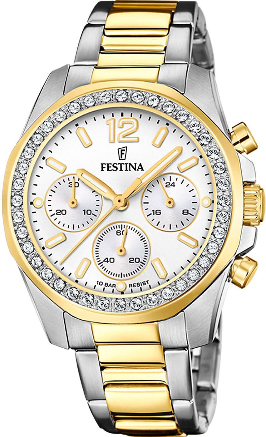 Reloj Festina para mujer, correa bicolor de acero inoxidable, esfera blanca con subesferas de cronógrafo