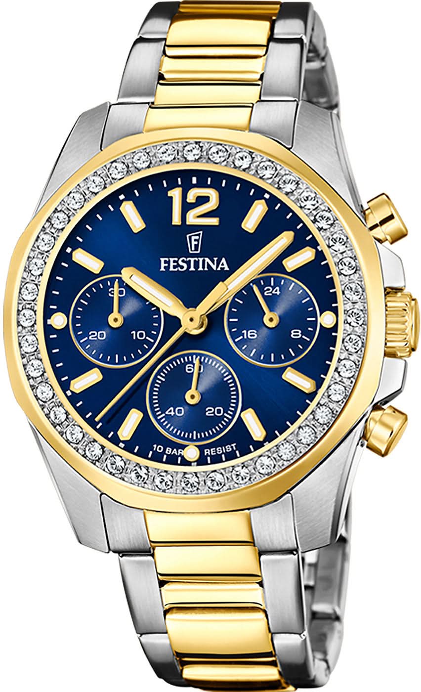 Reloj de pulsera para mujer, cronógrafo de acero inoxidable bicolor con esfera azul y bisel de pedrería