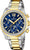Reloj de pulsera para mujer, cronógrafo de acero inoxidable bicolor con esfera azul y bisel de pedrería