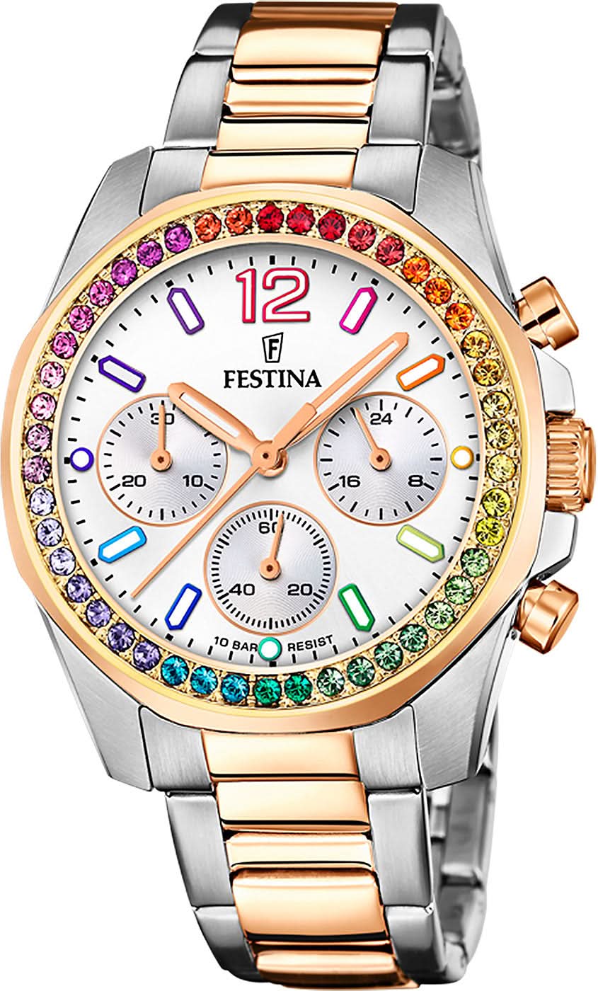 Reloj Festina para mujer con correa bicolor de acero inoxidable, bisel de circonita arcoíris y esfera