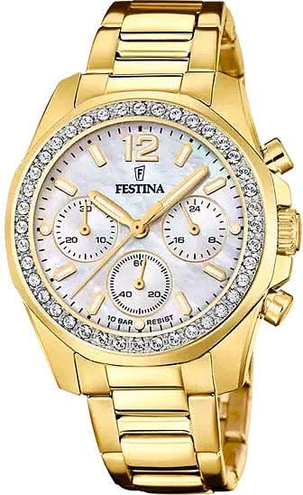 Reloj de mujer con pulsera de acero inoxidable dorado y esfera de nácar, bisel brillante