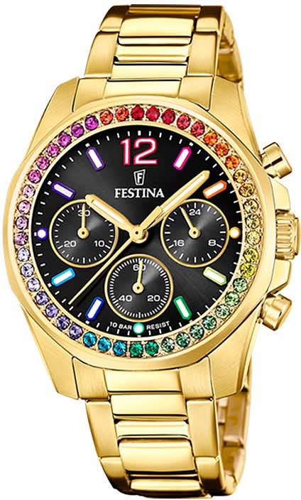 "Reloj de mujer con pulsera de acero inoxidable en tono dorado, esfera negra y bisel de arcoíris"