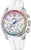 "Reloj de mujer con correa de silicona blanca, caja plateada y esfera arcoíris, bisel de circonita"