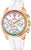 "Reloj de mujer con correa de caucho blanco, bisel dorado con piedras de colores y cronógrafo."