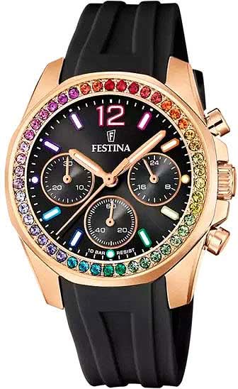 Reloj de mujer cronógrafo con bisel en tono oro rosa y esfera negra, correa de caucho negra