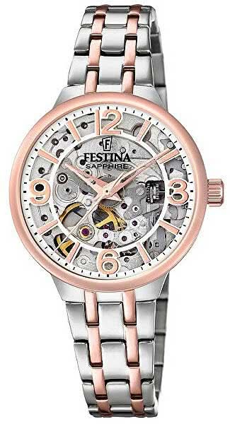 Reloj de mujer con brazalete de metal plateado y oro rosa, esfera esqueleto, cristal de zafiro
