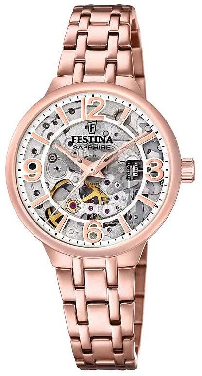 Reloj esqueleto Festina para hombre con cristal de zafiro, correa de metal en tono oro rosa y esfera abierta