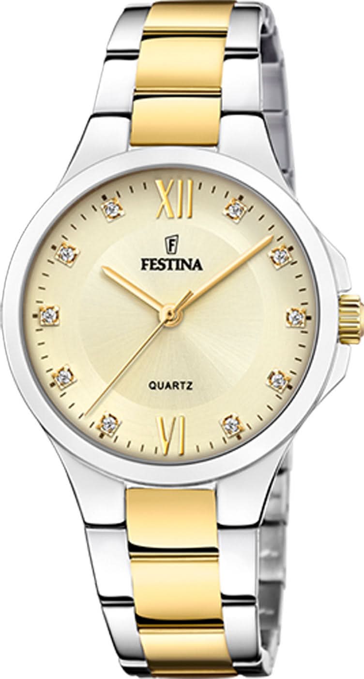 Reloj de mujer con esfera beige, correa bicolor de acero inoxidable y detalles dorados, índices de cristal