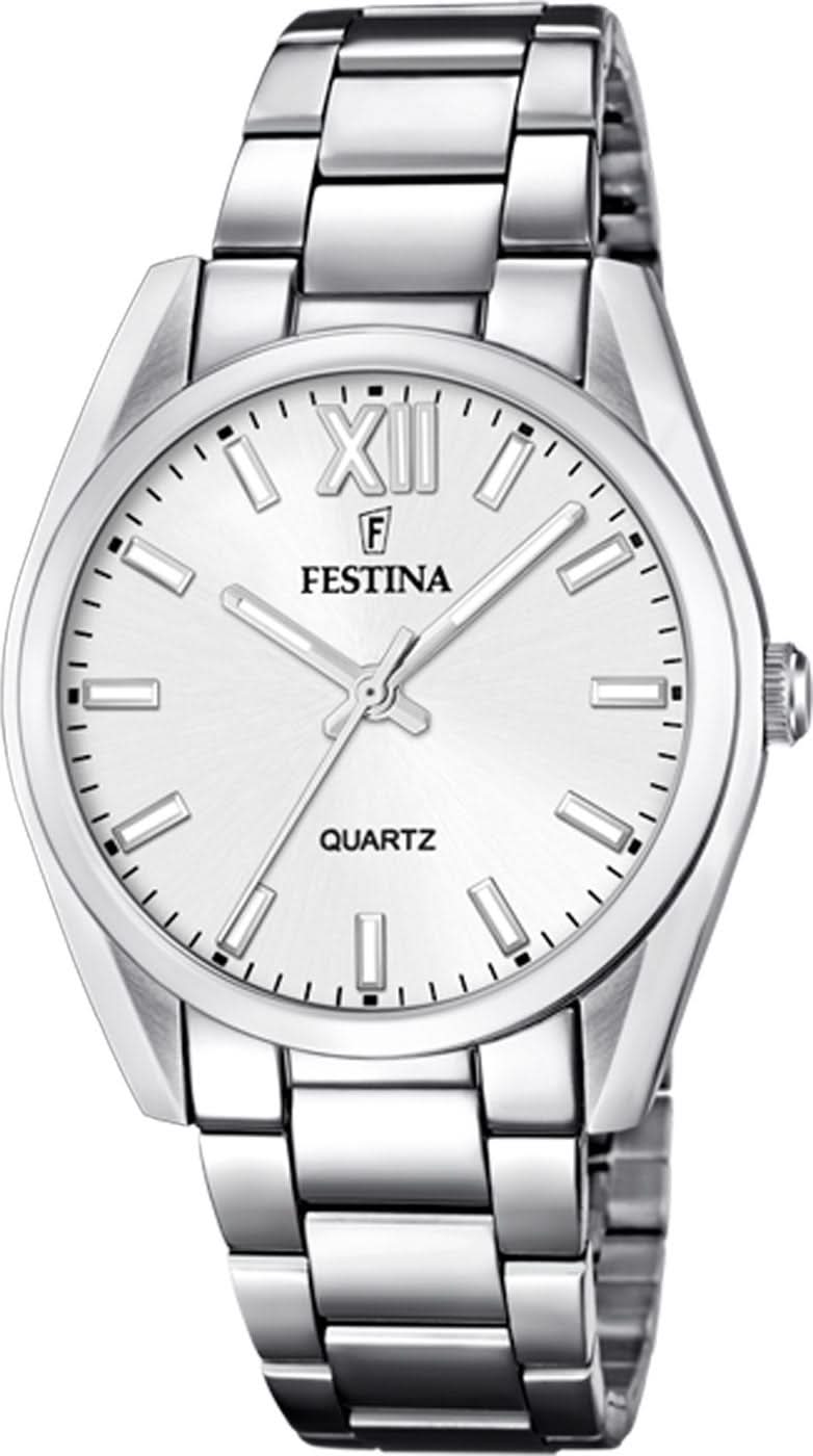 Reloj Festina para mujer de acero inoxidable con esfera plateada, números romanos e índices