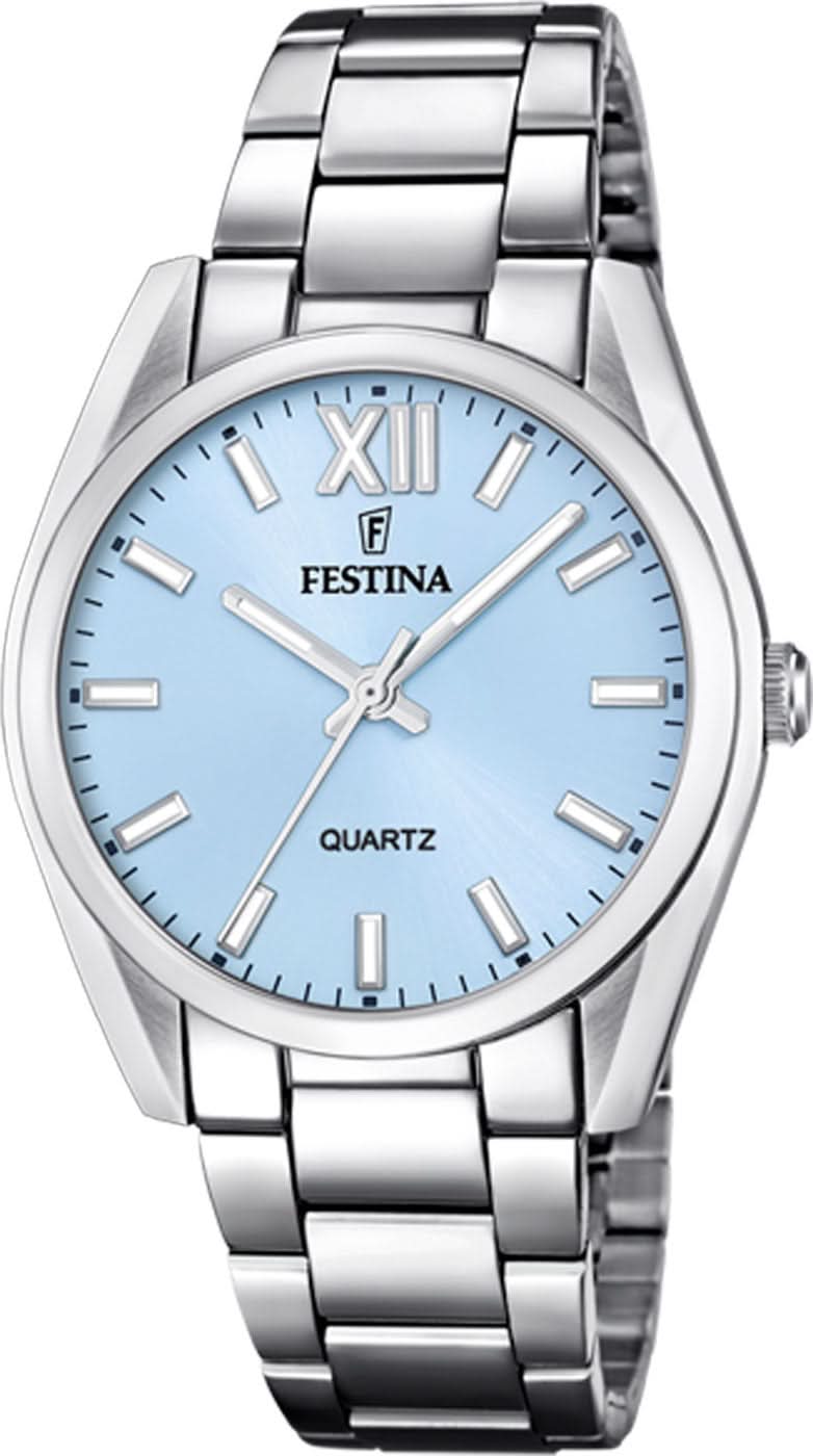 Reloj Festina para mujer con esfera azul y correa de acero inoxidable, números romanos, movimiento de cuarzo
