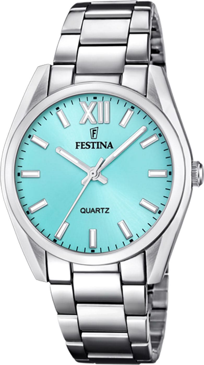 Reloj de mujer con esfera azul claro y correa de acero inoxidable, números romanos