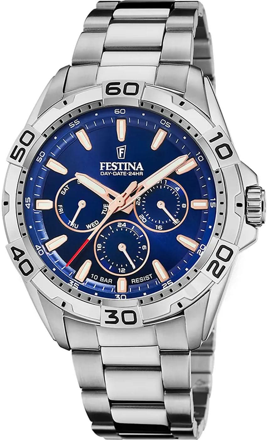 Pulsera para hombre: esfera azul, correa de acero inoxidable y múltiples pantallas