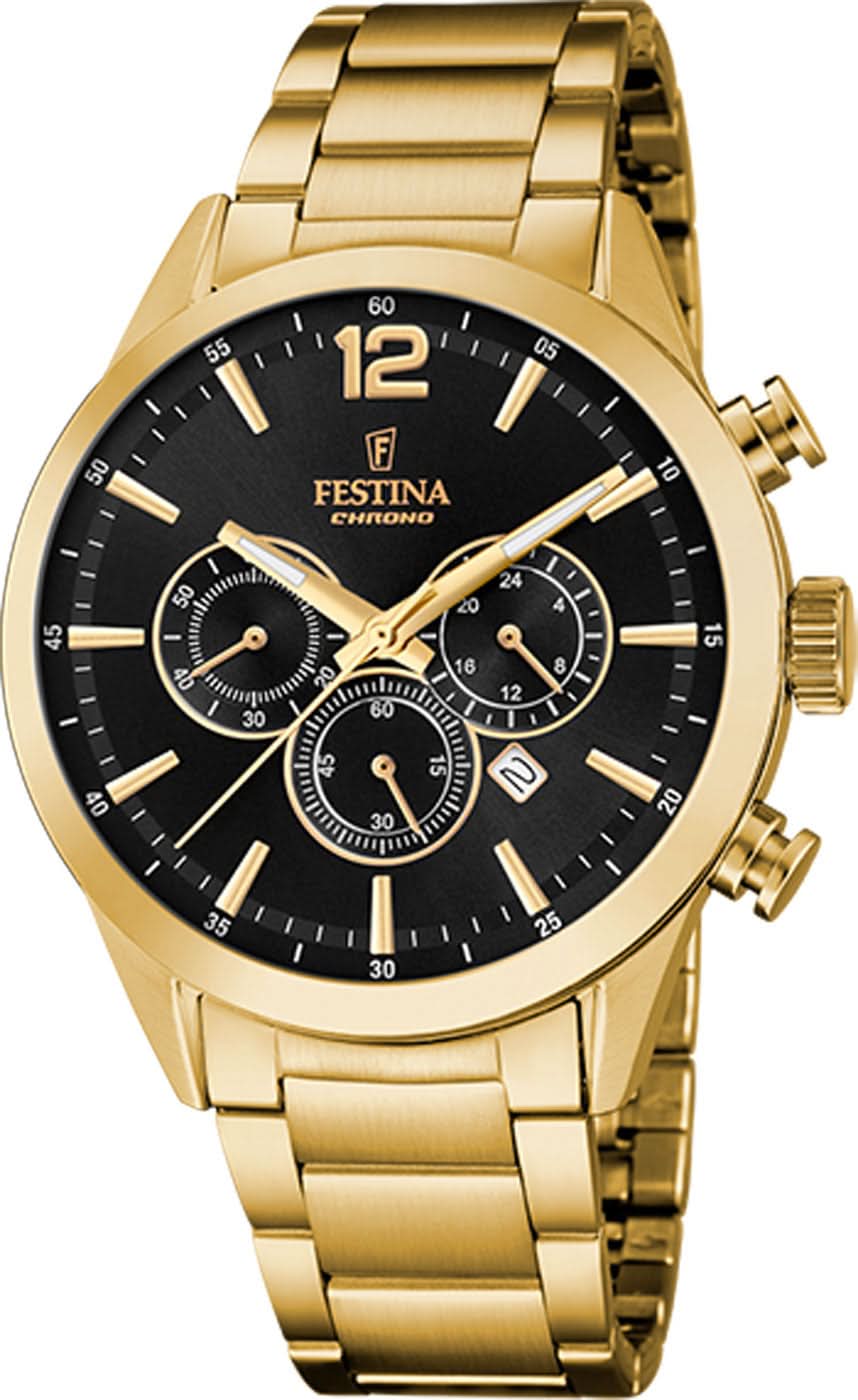 Reloj de pulsera cronógrafo para hombre, acero inoxidable dorado, esfera negra