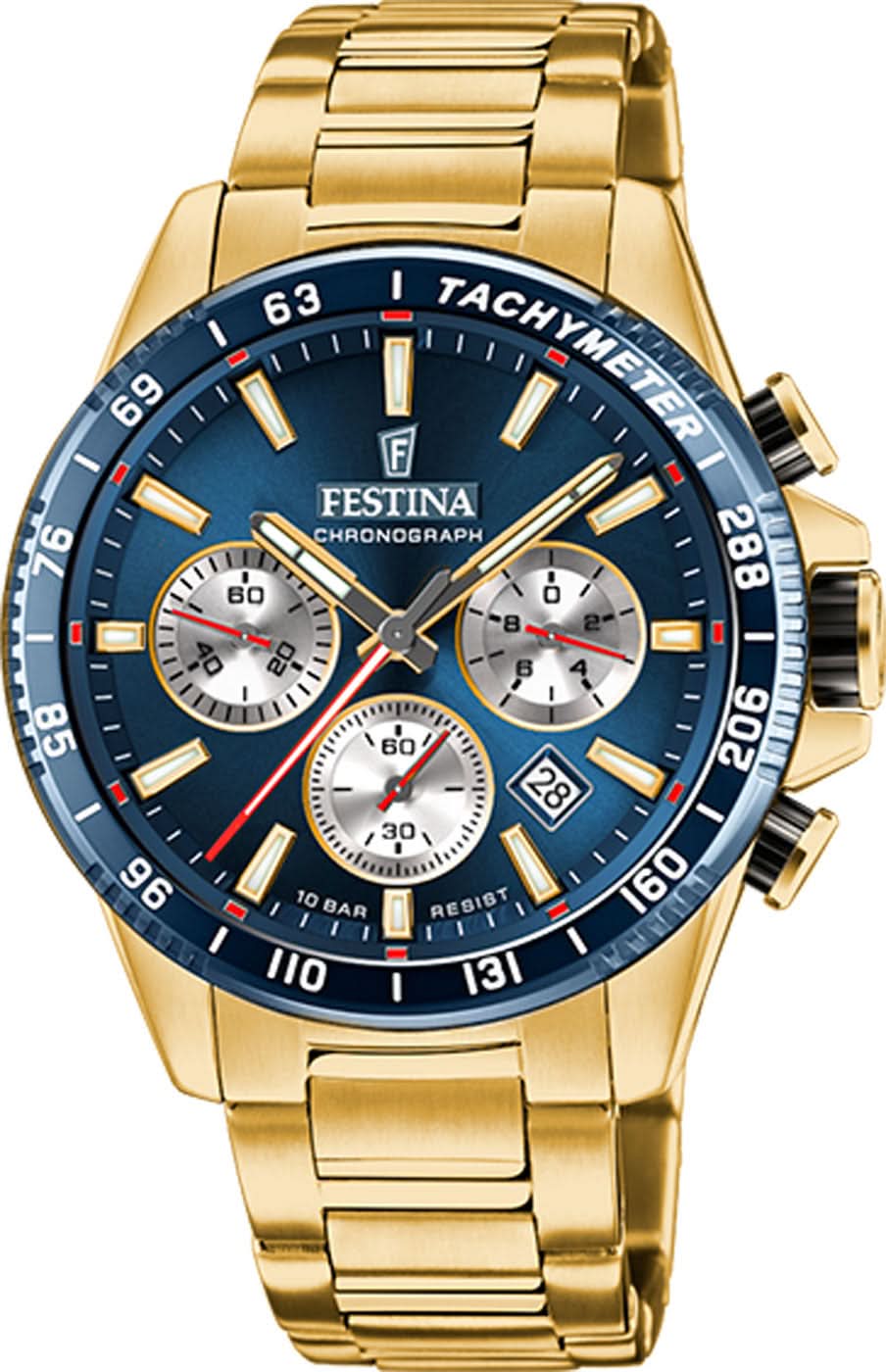 Reloj Festina para hombre con brazalete de metal dorado, esfera de cronógrafo azul