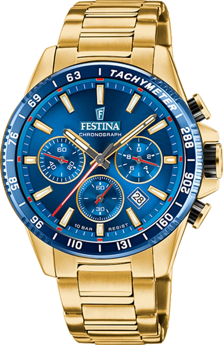 Reloj Festina cronógrafo con esfera azul y correa dorada