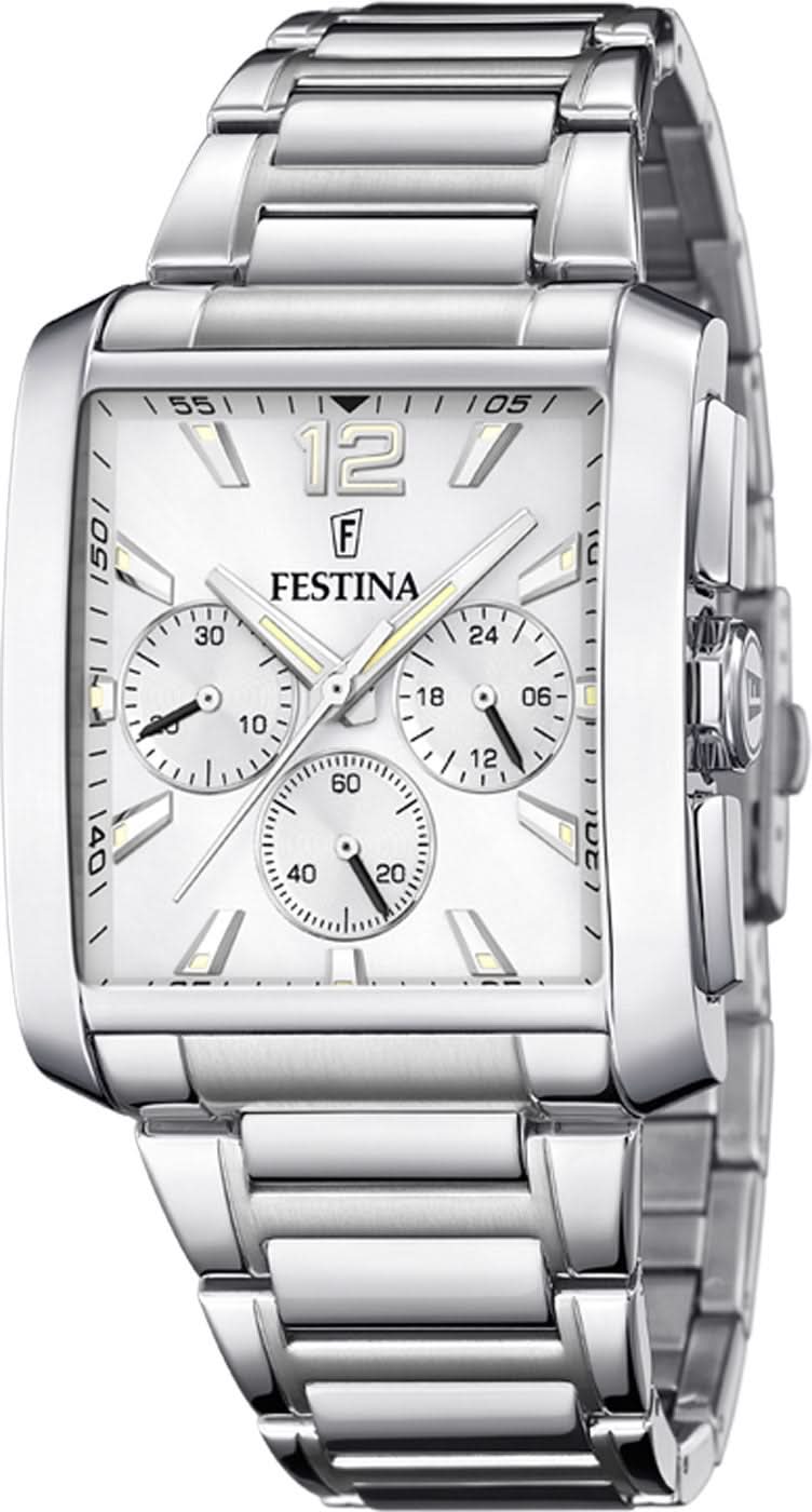 Reloj de hombre de acero inoxidable con caja rectangular, brazalete plateado y esfera blanca