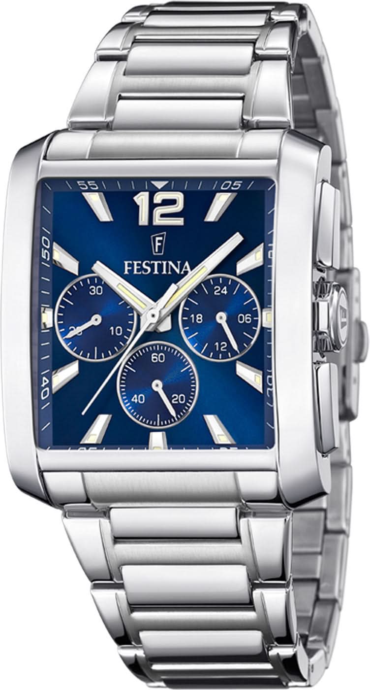Cronógrafo para hombre en acero inoxidable con esfera azul y tres subesferas