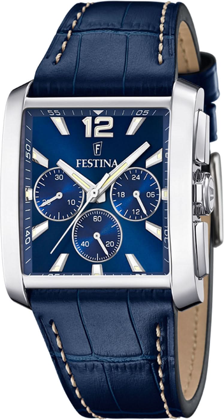 Reloj Festina para hombre con caja cuadrada de acero inoxidable, esfera azul y correa de piel