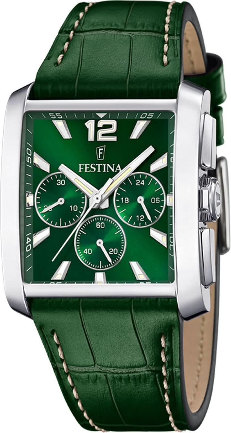 Reloj de hombre con correa de cuero verde, caja de acero inoxidable plateado y esfera verde
