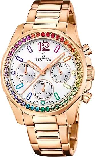 "Reloj de mujer con correa de metal en oro rosa, esfera blanca y bisel de arcoíris"