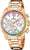 "Reloj de mujer con correa de metal en oro rosa, esfera blanca y bisel de arcoíris"