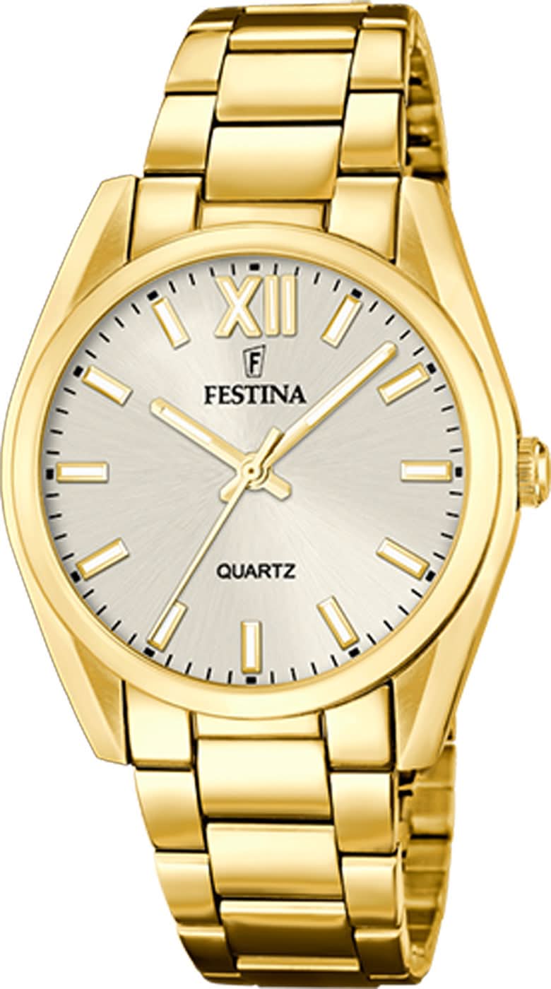 Reloj de mujer en tono dorado con correa de acero inoxidable y esfera blanca, números romanos