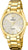 Reloj de mujer en tono dorado con correa de acero inoxidable y esfera blanca, números romanos