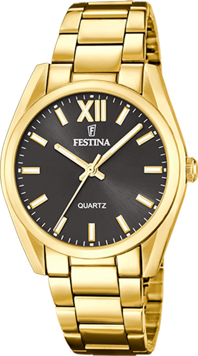 Reloj Festina para hombre con caja de acero inoxidable dorada, esfera negra y números romanos