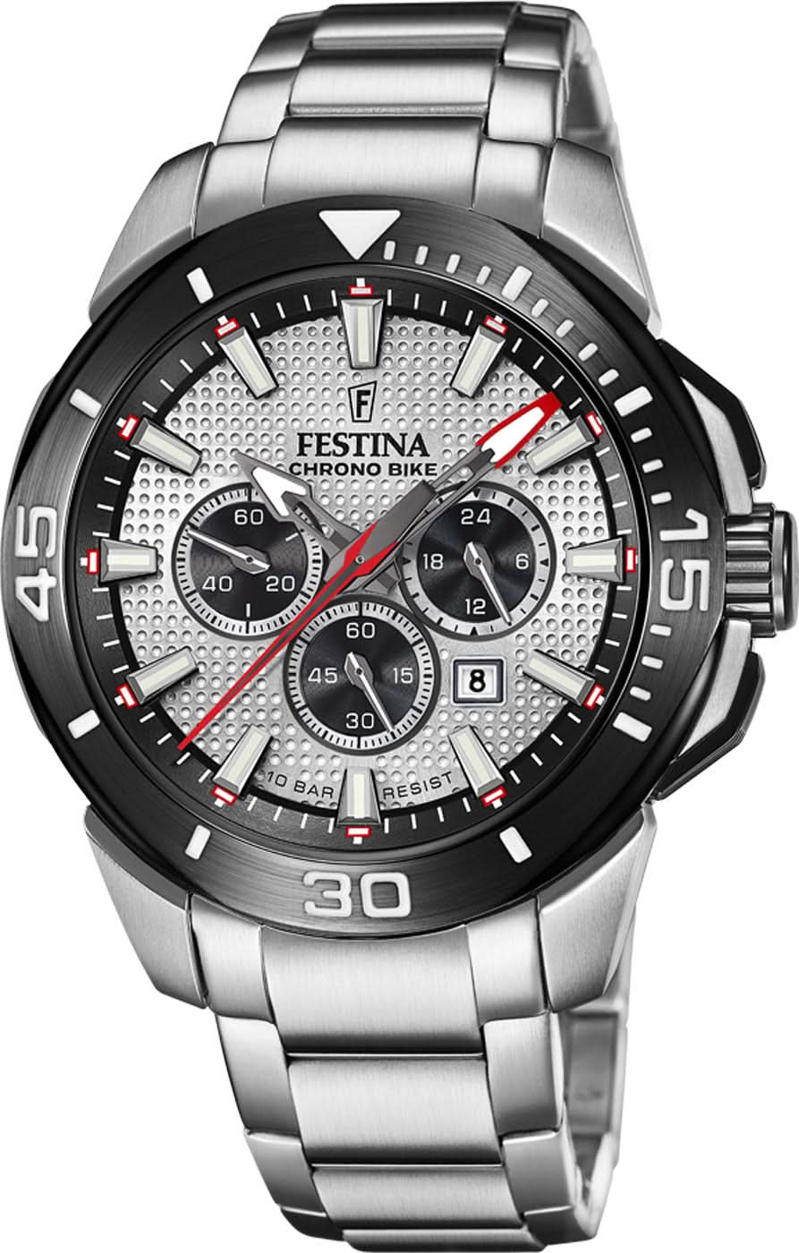 Reloj Festina para hombre con cronógrafo, correa de acero inoxidable plateada y esfera negra
