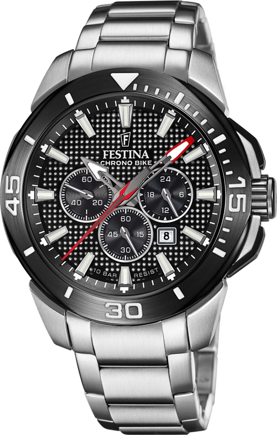 Festina Chrono Bike - Reloj para hombre con esfera negra y correa de acero inoxidable