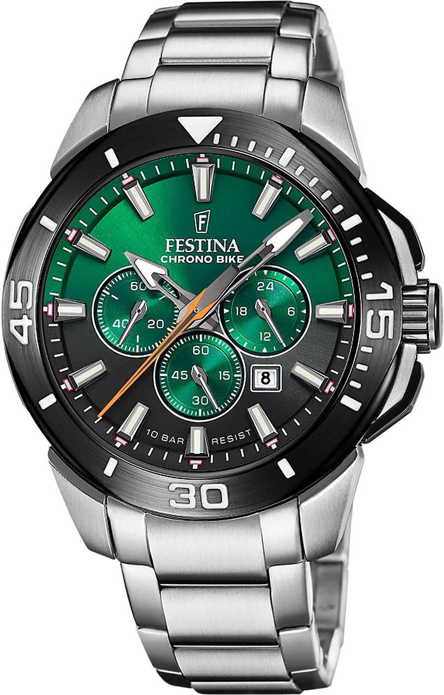 Reloj cronógrafo para hombre con esfera verde, correa de acero inoxidable y visualización de fecha