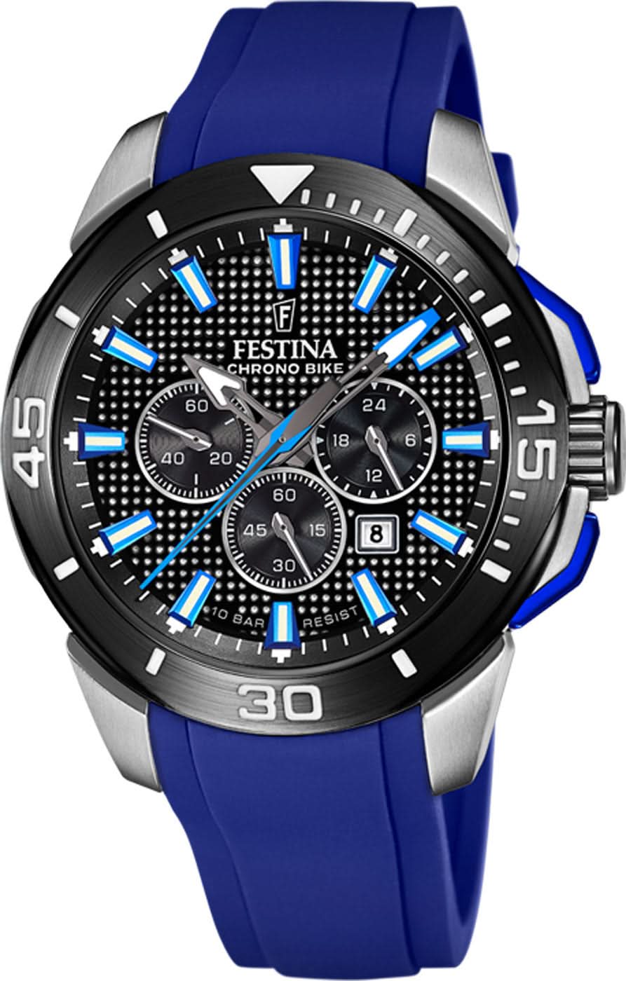 Reloj para hombre con correa de silicona azul y esfera deportiva con cronógrafo.