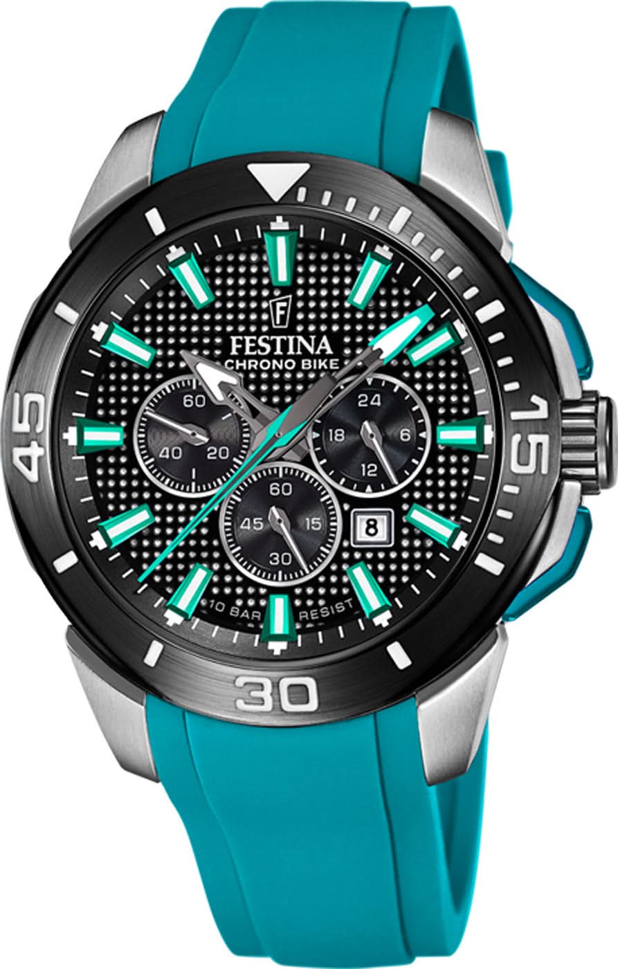 Reloj Festina para hombre, cronógrafo deportivo, esfera negra, correa de silicona turquesa