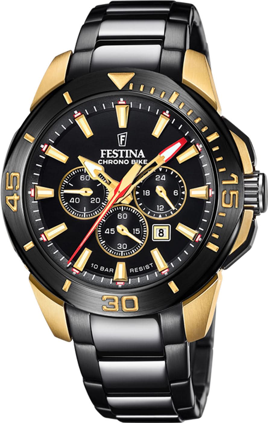 Reloj cronógrafo para hombre con esfera negra y correa de acero inoxidable, detalles dorados