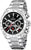 Cronógrafo de acero inoxidable, esfera negra con detalles rojos y subesferas de cronógrafo.