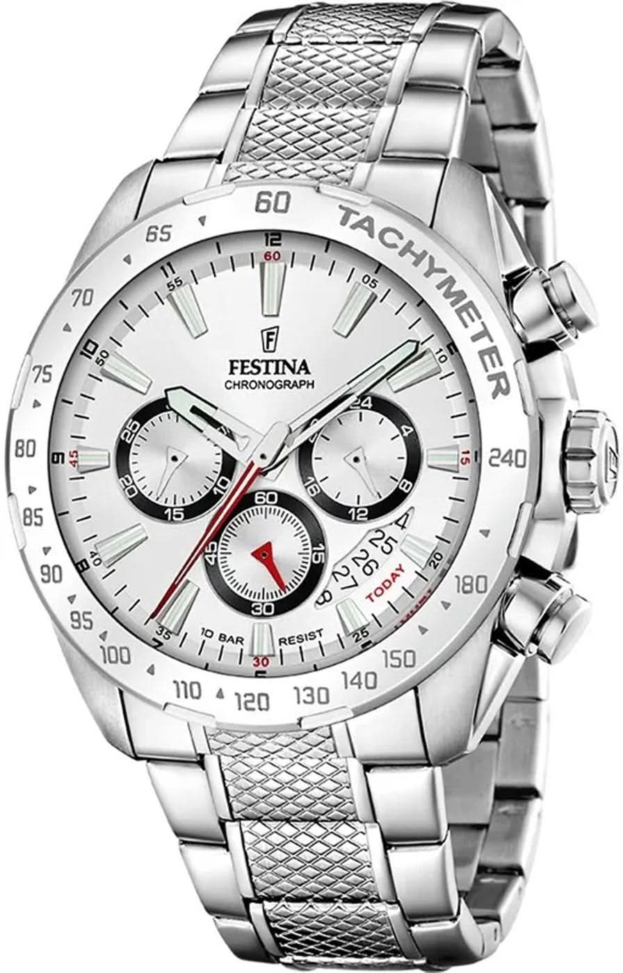 Reloj de hombre con cronógrafo y esfera blanca, caja de acero inoxidable y pulsera de metal