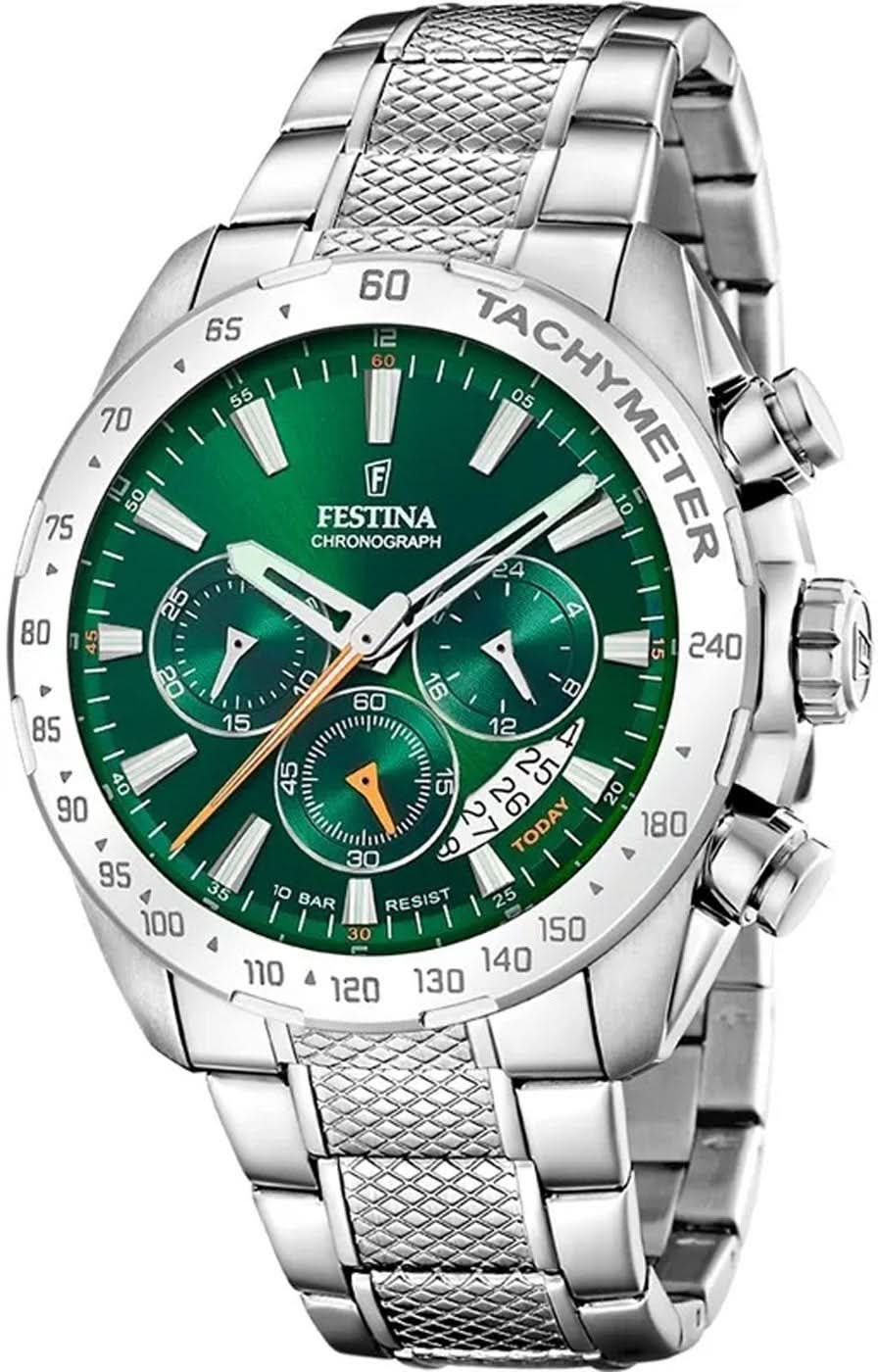 Reloj para hombre con esfera verde de cronógrafo, bisel taquímetro y correa de acero