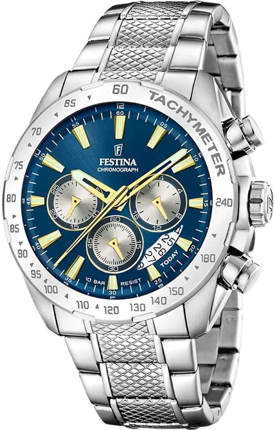 Cronógrafo Festina para hombre con correa de acero inoxidable, esfera azul y detalles de cronógrafo