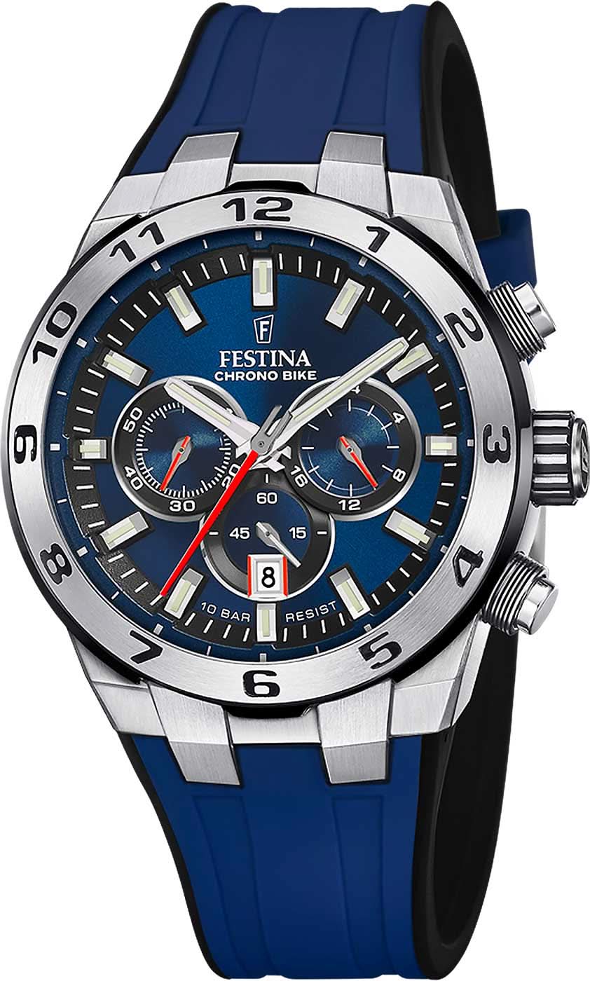 Reloj Festina para hombre con esfera azul, subesferas de cronógrafo y correa de silicona azul