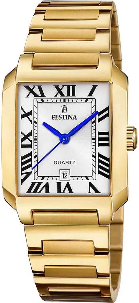 Reloj rectangular para mujer con correa de metal dorado, manecillas azules y esfera negra.