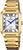 Reloj rectangular para mujer con correa de metal dorado, manecillas azules y esfera negra.