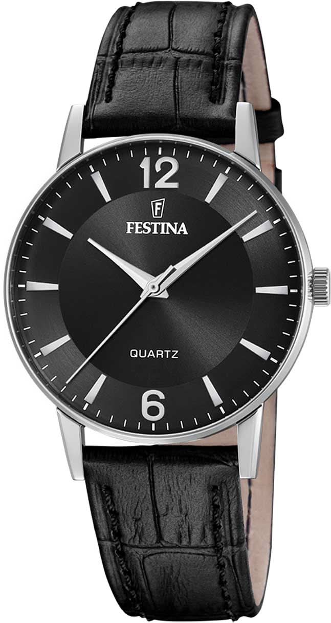 Reloj Festina para hombre con esfera negra y correa de cuero negra, bisel redondo