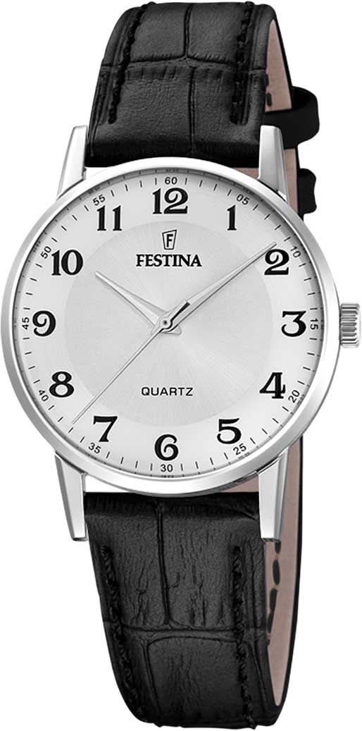 Reloj de mujer con correa de cuero negra y caja plateada, esfera blanca