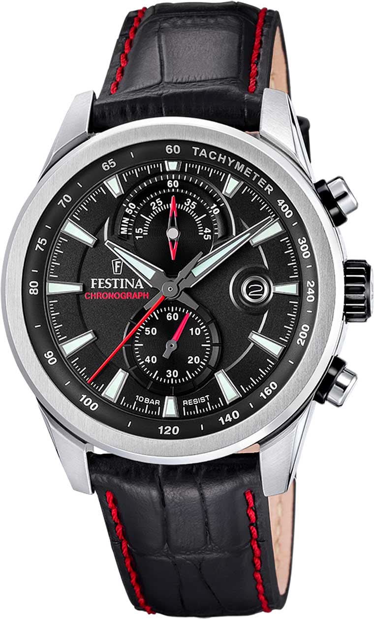Reloj cronógrafo para hombre con esfera negra, caja de acero inoxidable y correa de cuero negra