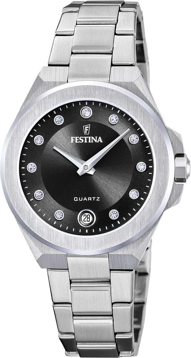 "Reloj de mujer con esfera negra y pulsera de acero inoxidable plateado, marcadores de cristal"