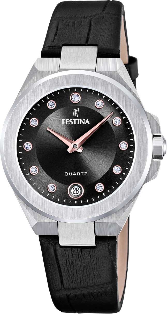 Reloj de mujer con correa de cuero negra y esfera negra, caja de acero inoxidable plateada