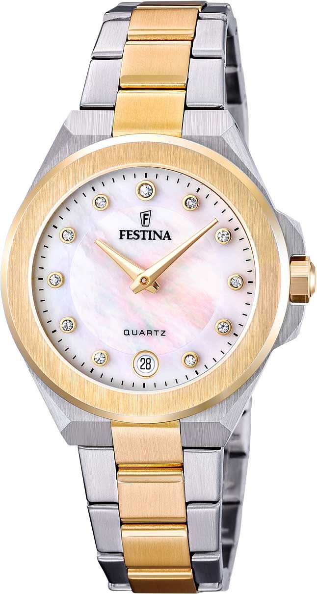 Reloj de mujer con esfera de nácar, caja dorada y brazalete de eslabones metálicos