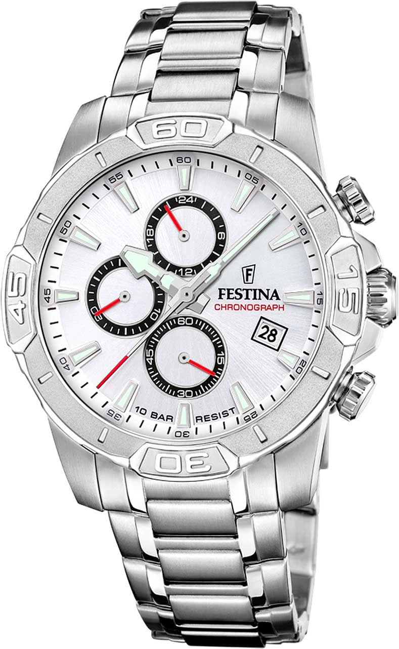 Cronógrafo Festina para hombre, esfera plateada, correa de acero inoxidable, subesferas de cronógrafo